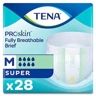 Tena ProSkin Super Briefs
Size	Waist (in)
M	34-47''
L	48-59''
XL	60-64''